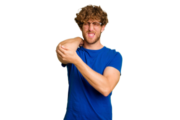 Young caucasian man isolated on green chroma background having a neck pain due to stress, massaging and touching it with hand.