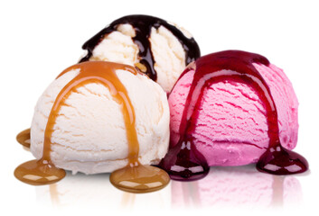 Scoops of ice cream with syrup on background