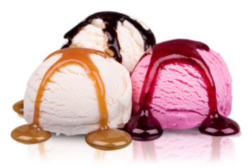 Scoops of ice cream with syrup on background