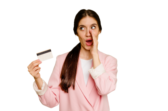 Business caucasian woman holding a credit card isolated is saying a secret hot braking news and looking aside