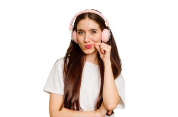 Young caucasian woman wearing headphones isolated with fingers on lips keeping a secret.
