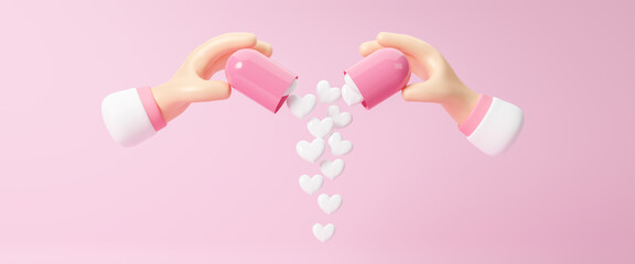 3d cartoon hand holding medicine heart capsule pill on pink background. The concept of love addiction, love drugs, Valentine's Day and depression, pharmacy, medical. Copy space. 3d render illustration