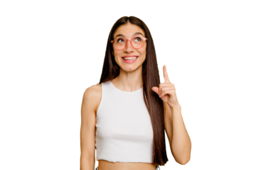 Young caucasian long hair woman isolated indicates with both fore fingers up showing a blank space.