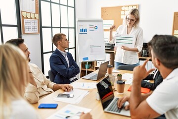 Group of business workers listening caucasian boss woman conference at the office.