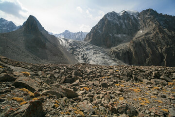 View of the mountain peaks and glaciers of Kyrgyzstan.