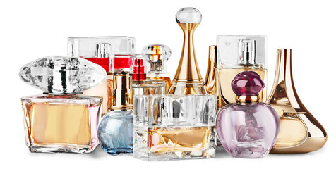 Aromatic Perfume bottles on background