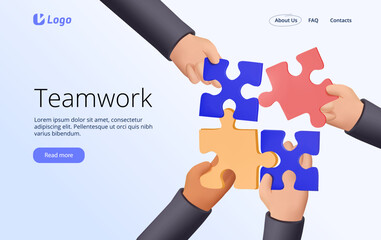 3D hand holding a jigsaw puzzle is putting the pieces together. Teamwork banner template. 3D render design style vector