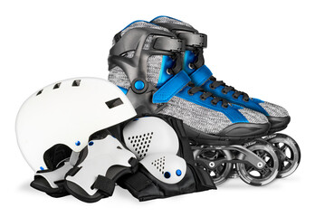 blue gray inline skates and white black skating saftey equipment like skate helmet wrist knee and...