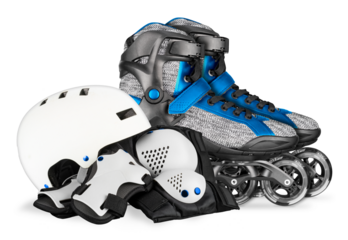 blue gray inline skates and white black skating saftey equipment like skate helmet wrist knee and elbow protector pads isolated background