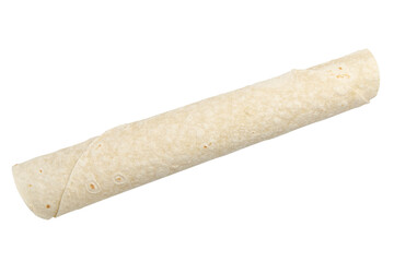 round wheat tortillas close-up isolated on white background, pita bread twisted into tube