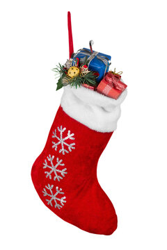 Christmas Stocking With Gifts Hanging  On White