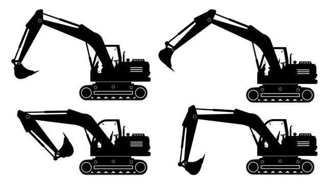 Excavator silhouette on white background. Construction and mining vehicle icons set view from side.