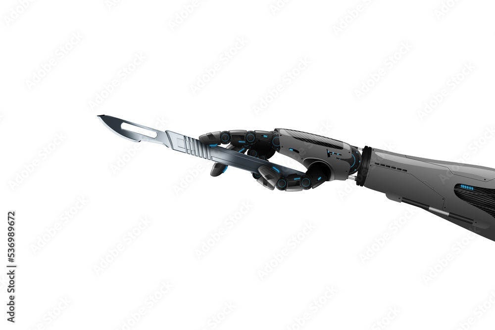 Aufkleber the robot hand holds a scalpel close-up, artificial intelligence performs an operation. the concept 