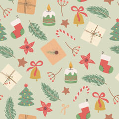 Christmas holiday flat vector seamless pattern. Traditional xmas attributes decorative backdrop.