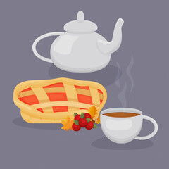 Warm teapot with tea and a cup with a hot drink, homemade cake.  Tea time. Autumn still life. Color flat vector illustration.