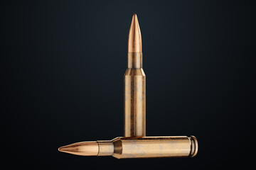 Bullet isolated on Dark background. The concept of war, combat clash. Cartridges for a rifle. 3D illustration, 3D render.