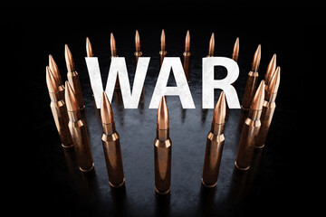 The inscription War and Bullets, cartridges on a dark background. The concept of war, combat clash, armed conflict. Cartridges for a rifle. 3D illustration, 3D render.