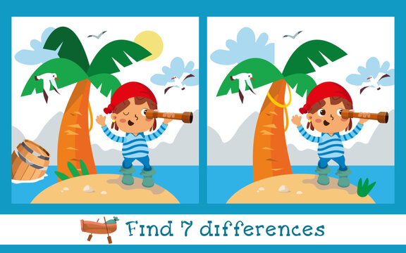 Educational game, puzzle for children. Find 7 differences. Cute pirate on desert island. Ocean, palm tree, nature. Vector illustration.