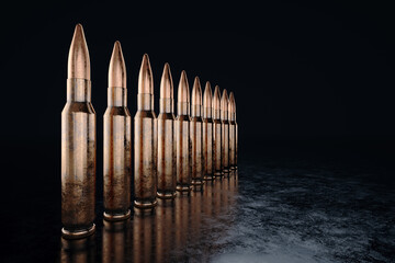 Bullet isolated on Dark background. The concept of war, combat clash. Cartridges for a rifle. 3D illustration, 3D render.