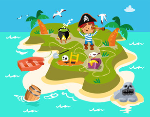 Obraz na płótnie Canvas Map of island with pirate, palm trees and treasure. Landscape with sea as background for games, puzzles, posters. Ocean and mountains, ship and seagulls. Vector illustration.
