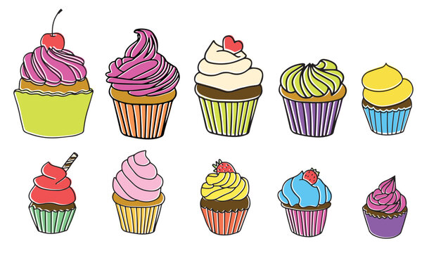 Set of cupcake in hand draw style outline in color. Vector illustration.