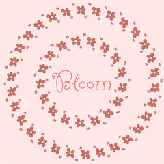 Pink flowers wreath vector. Natural round frame with  hand drawn modern Japanese style flowers isolated on light pink background. Design for invitation, wedding or greeting cards.