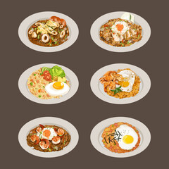 Set of fried rice. Indonesian food. Watercolor vector illustration.
