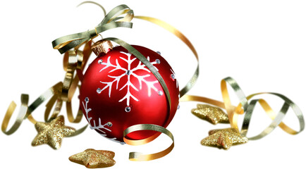 Red Christmas bauble with ribbon with copy space