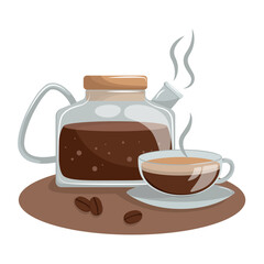 Vector flat illustration of glass coffee pot. Hot fragrant coffee in glass pot and cup. Cappuccino, Americano, espresso.