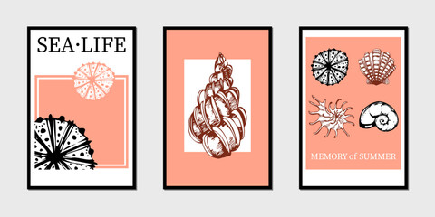 Fototapeta na wymiar stylish vector set of poster layouts with hand-drawn stylized shells and lettering.Restrained pink gamma posters for needlework,design,advertising.