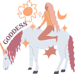Blonde woman on a unicorn. Goddess archetype vector illustration.
