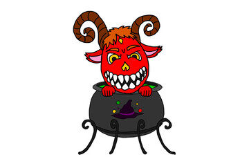 Halloween Smiling Red Demon in The Cauldron