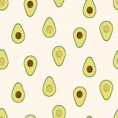 Seamless Pattern Avocado set of whole and halves with a bone. Vector illustration of fresh avocado fruit.