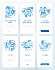 Analyze customer behavior blue onboarding mobile app screen set. Walkthrough 3 steps editable graphic instructions with linear concepts. UI, UX, GUI template. Myriad Pro-Bold, Regular fonts used