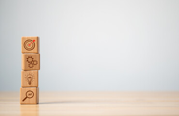 Wood cube block stacking with icon, Concept of  Action plan, Goal and target, success and business...