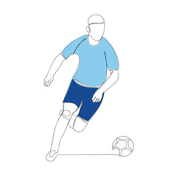Silhouette of a soccer player with a ball. Football player kicks the ball. Continuous line drawing. One line illustration. Vector illustration