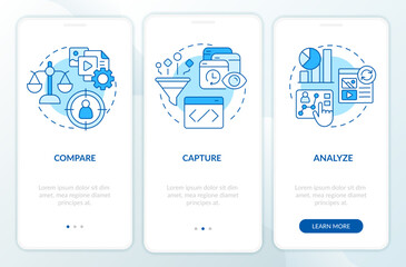 Personalized marketing strategy blue onboarding mobile app screen. Walkthrough 3 steps editable graphic instructions with linear concepts. UI, UX, GUI template. Myriad Pro-Bold, Regular fonts used