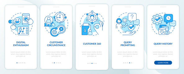 Fototapeta na wymiar Improve customers experience blue onboarding mobile app screen. Walkthrough 5 steps editable graphic instructions with linear concepts. UI, UX, GUI template. Myriad Pro-Bold, Regular fonts used