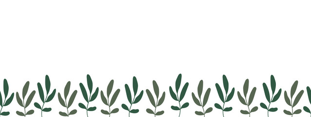 Seamless frame with green twigs in naive style on a white background. Botanical border, banner for placing text, etc. Rectangular vector illustration.