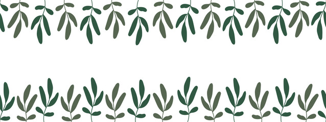 Endless frame with green twigs in naive style on a white background. Botanical border, banner for placing text, etc. Rectangular vector illustration.