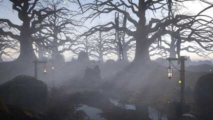 Dark creepy horror fantasy forest landscape. 3D rendering. © IG Digital Arts
