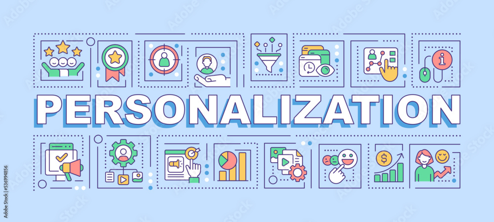 Aufkleber personalization word concepts blue banner. digital marketing strategy. infographics with editable ic