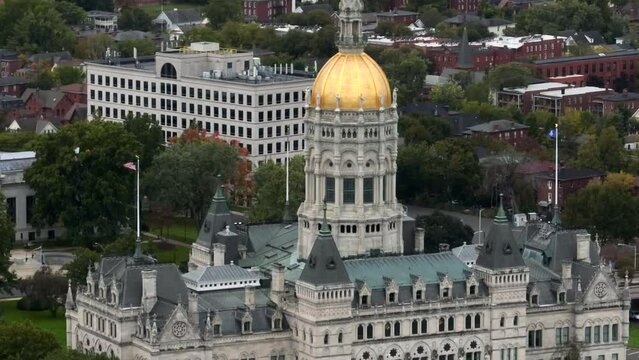 Connecticut State Capitol Building In Hartford CT. Long Aerial Zoom View.