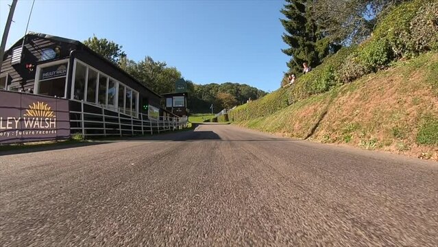 Camera mounted on nose low on Lamborghini SVJ driven hard up Shelsley Walsh hill climb.