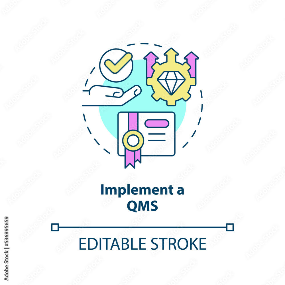 Poster implement qms concept icon. quality management system. improving product abstract idea thin line ill