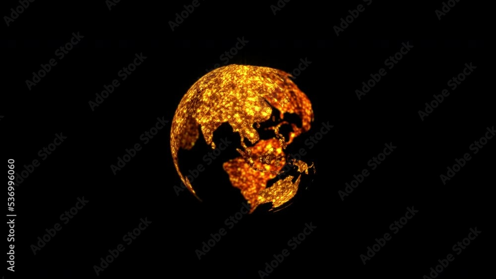 Poster loop abstract space view of glow digital gold bubble earth rotation on black background 4k 3d render