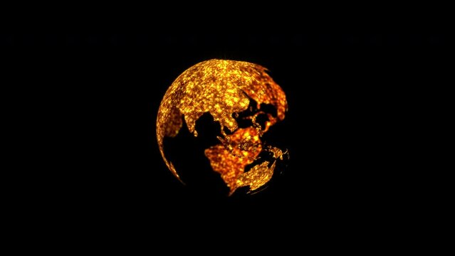 Loop abstract Space view of glow digital gold bubble earth rotation on black background 4K 3D rendering on black background animation. 