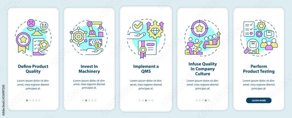 Poster improving product quality onboarding mobile app screen. brand walkthrough 5 steps editable graphic i