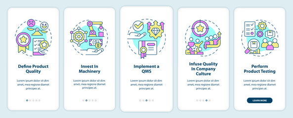 Improving product quality onboarding mobile app screen. Brand walkthrough 5 steps editable graphic instructions with linear concepts. UI, UX, GUI template. Myriad Pro-Bold, Regular fonts used