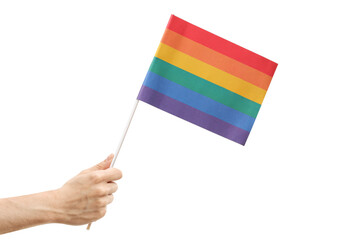 Male hand holding a rainbow flag
